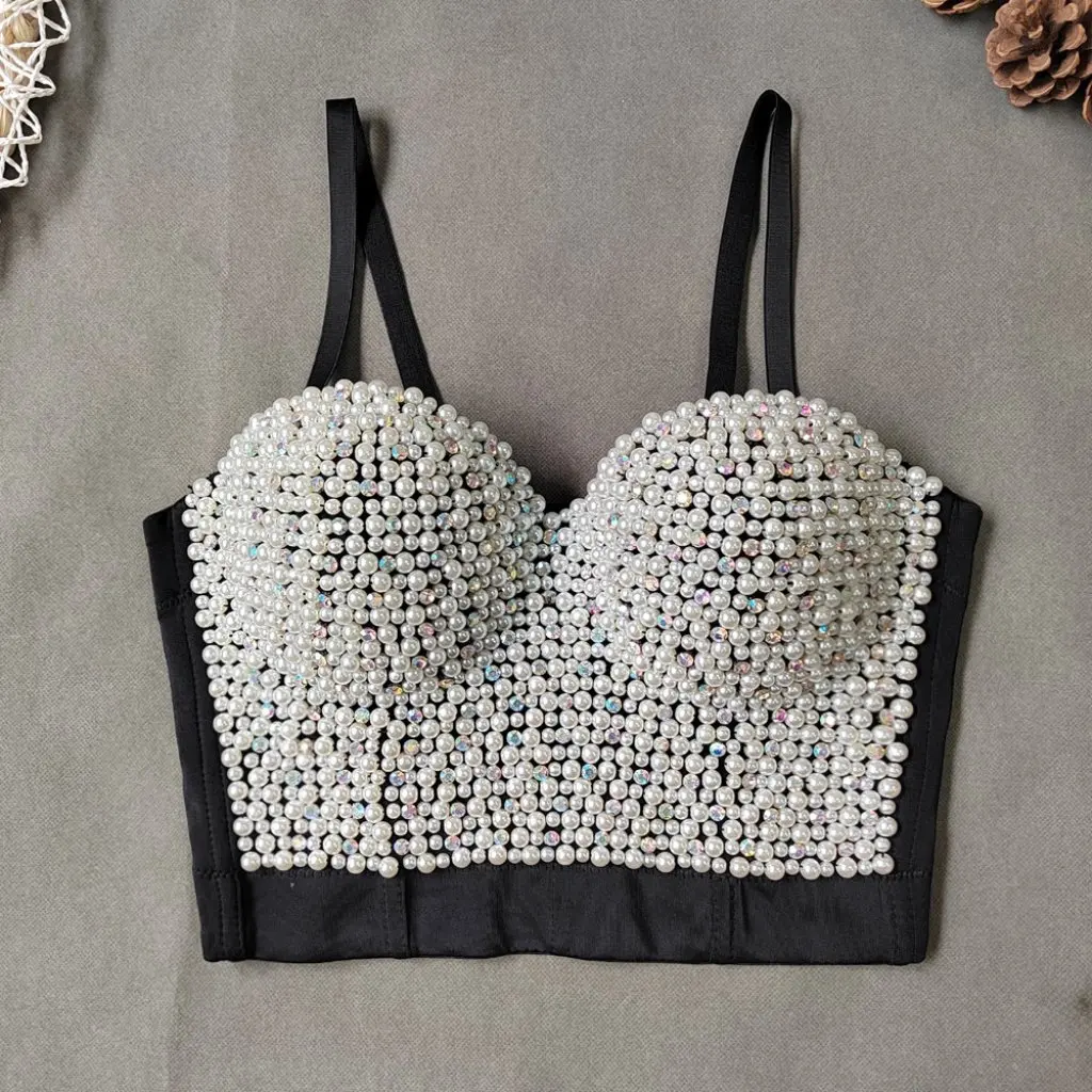 

Pearl Camisole Women's Short Shaping Fishbone Beaded Top Ab Color Diamond Nightclub Sexy Tube Inner Wear