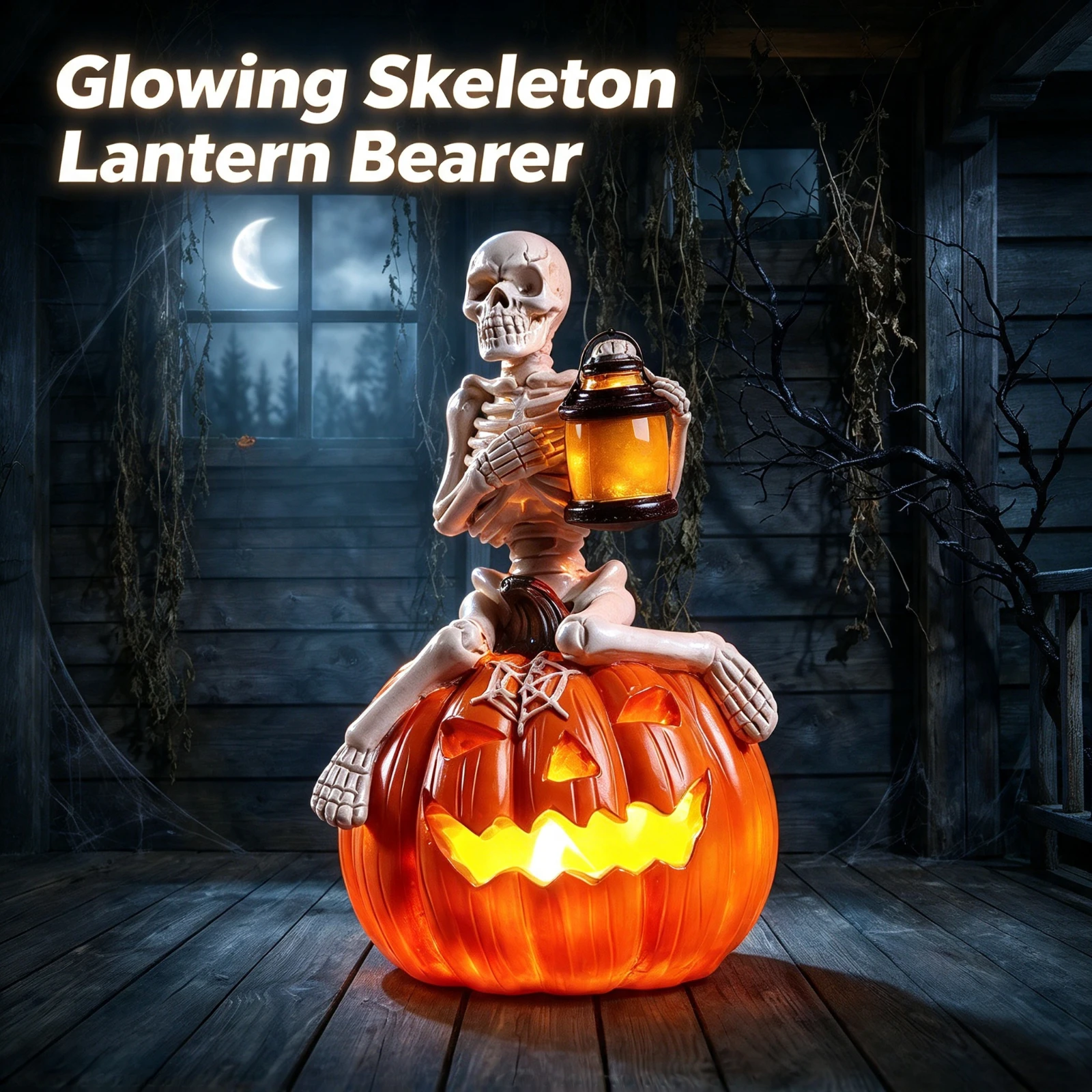 LED Illuminated Halloween Skeleton Pumpkin Decoration, Fake Skull Sitting On Glowing, Jacks Lantern Porch, Yard Party Prop Gift