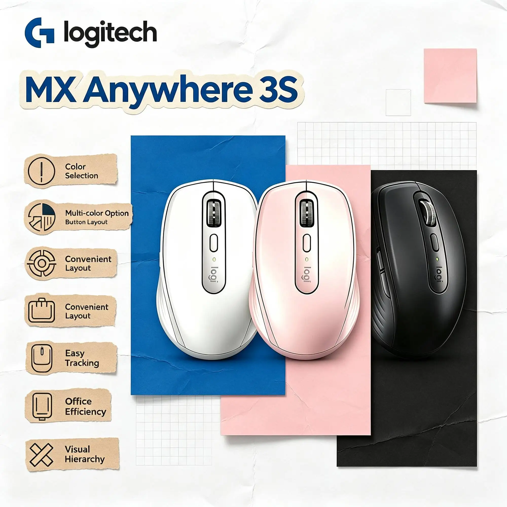 Logitech MX Anywhere 3S Wireless Mouse Long Lasting Battery Multi-Device Bluetooth Office Travel Mice