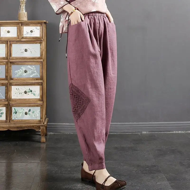 High Waist Trousers Lady 2027Summer New Cotton Linen Casual Pants Women Temperament Middle-aged Mother Nine Harem Pants Feminine