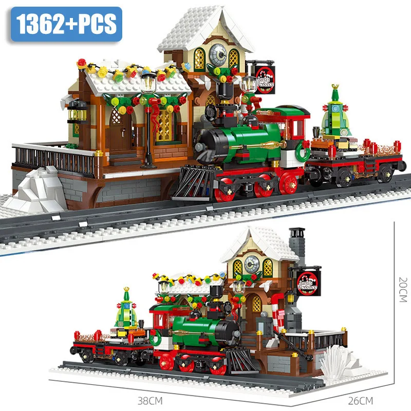 

City MOC 1362pcs Christmas Train Stration Building Blocks DIY Creative Railway Track Train Model Bricks Toys For Children Gifts