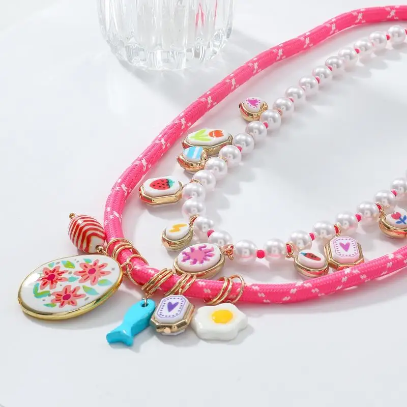 تقليد اللؤلؤ حبة سبيكة الأسماك الصغيرة وزهرة هندسية قلادة طبقة مزدوجة قلادة مجموعة للنساء مجوهرات هدية