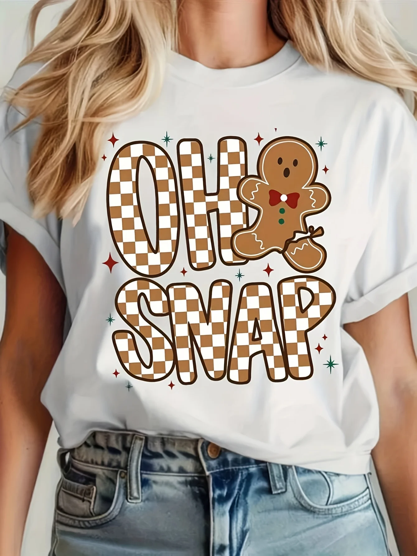 T-shirt natalizia da donna Oh Snap Gingerbread per donna, carina stampa pan di zenzero, girocollo, manica corta, casual, comoda e divertente