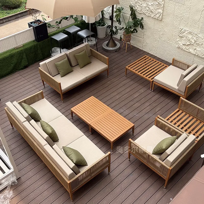 Outdoor Garden Furniture Set Teak Wood Sofa and Table Combination for Villa Courtyard Balcony Nordic Style Casual Seating