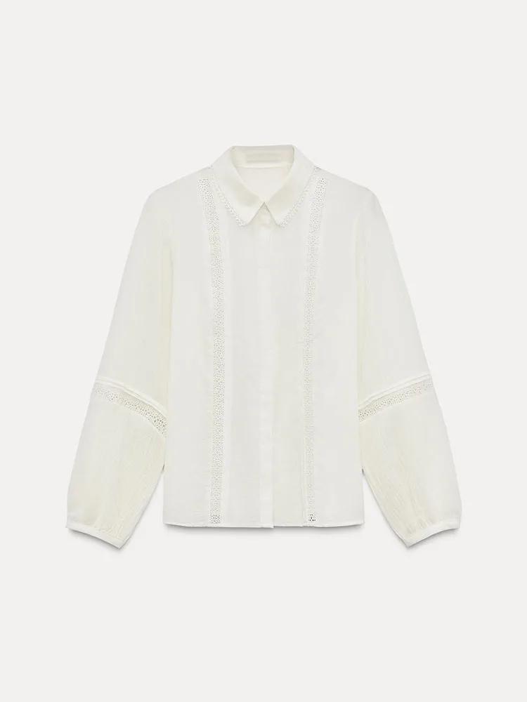 قميص نسائي جديد لفصل الربيع بأكمام طويلة من القطن، تصميم بسيط مع زخارف دانتيل مستقيمة، قميص أنيق للعمل والمناسبات غير الرسمية