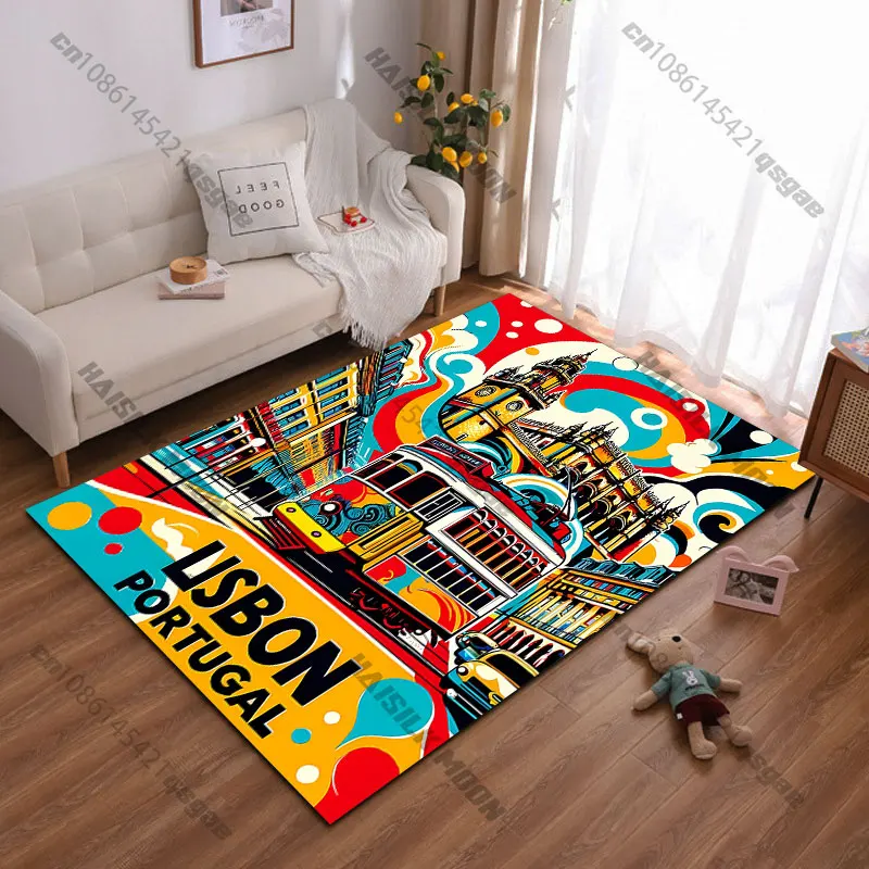 Colorful Lisbon tram artwork carpet Yoga living room room decor children's crawling mat doormat area rug games mat