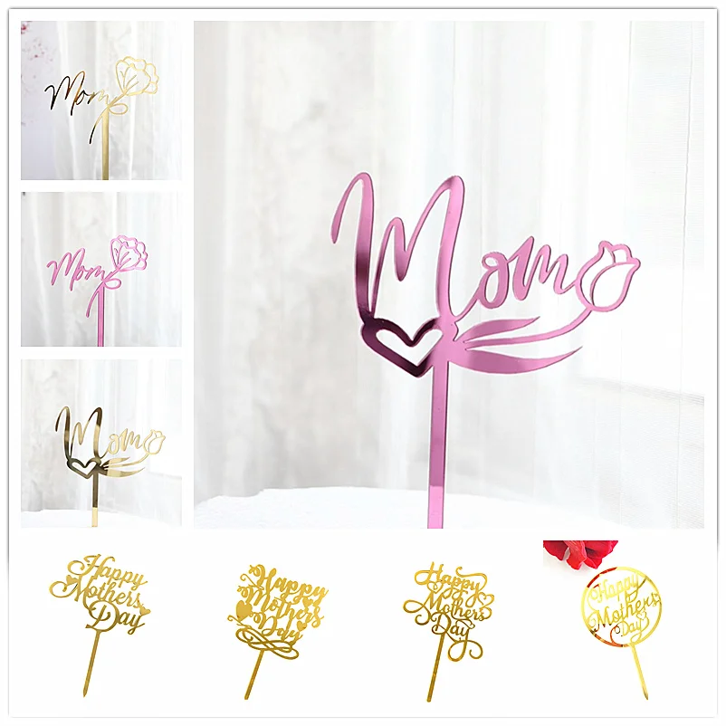 2023 Happy Mothers Day Cake Topper Gold Red Tulip Acrylic MOM Birthday Party Cake Toppers Dessert Decoration Mother's Day Gifts