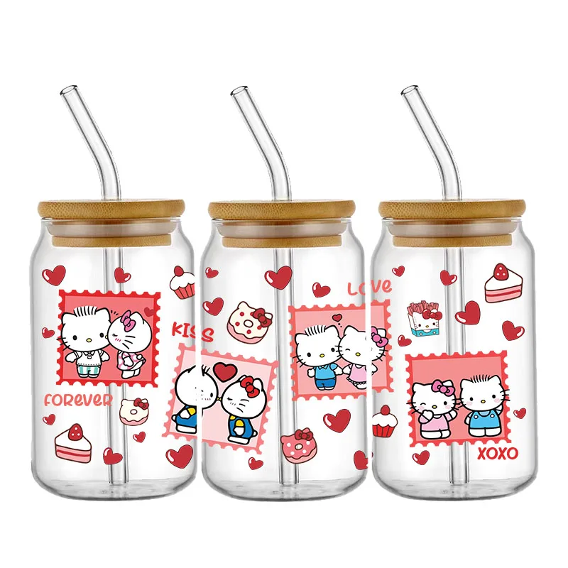 Miniso Hello kitty Valentine's Day UV DTF Transfer Sticker For 16oz Glass Cup Wrap Decal DIY Permanent Selfadhesive Waterproof