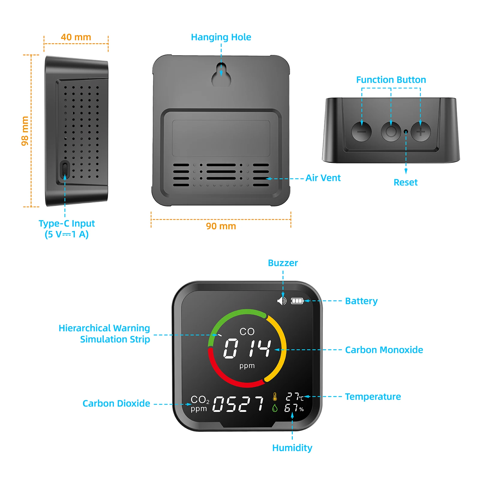 PTH-9E 9D Intelligent WIFI CO2 Meter CO Detector Portable Temperature Humidity and Air Quality Monitor Detector Gas Analyzer