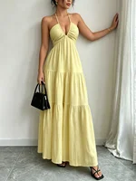 Women Halter Maxi Dress Neck Tiered Gathered Bust Textured Empire Waist Dresses Casual Boho Summer Date Vacation Beach Dress - Image 6
