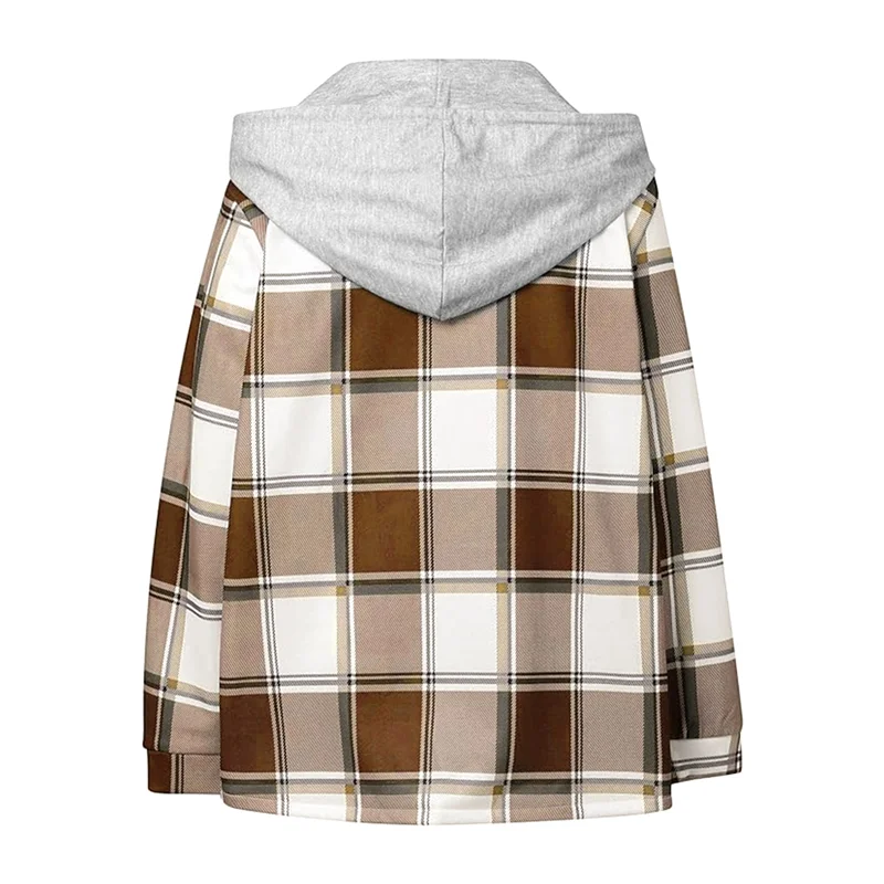 Damen-Hemd mit Karomuster, Button-Down-Langarmjacke, Fleece-gefütterter Kapuzenpullover, lässiges, trendiges Blusenoberteil