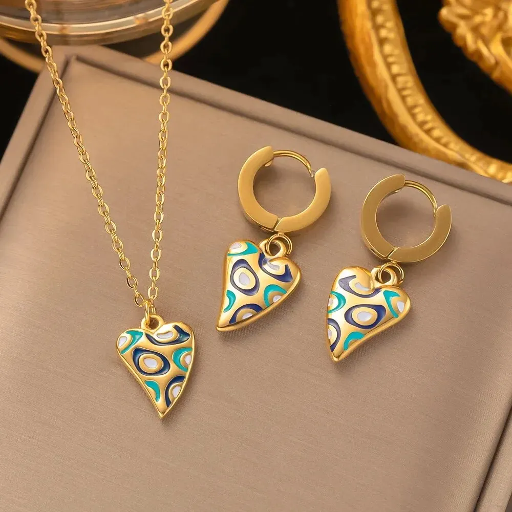 2 PCS Set Metal Leaves Epoxy Earring Necklace Set Shinny Gold Color Metal Heart Fatima Hand Colorful Epoxy Women Jewelry Set image 4