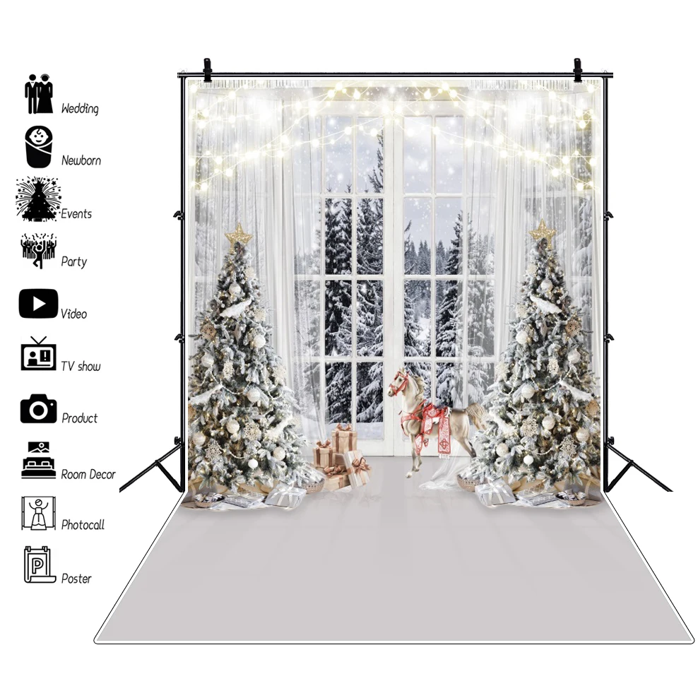 Winter Christmas Backdrop White Palace Wall Xmas Tree Gift Fireplace Window Forest Kids Family Party Photography Background