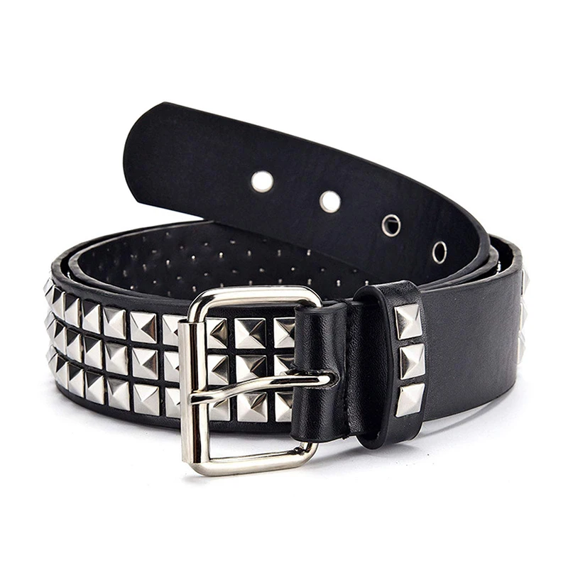 Studded Belt Men Women Punk Pyramid Square Buckle Chain Belt Bonded Leather Rivet Black Leather Belt Waistband For Jeans