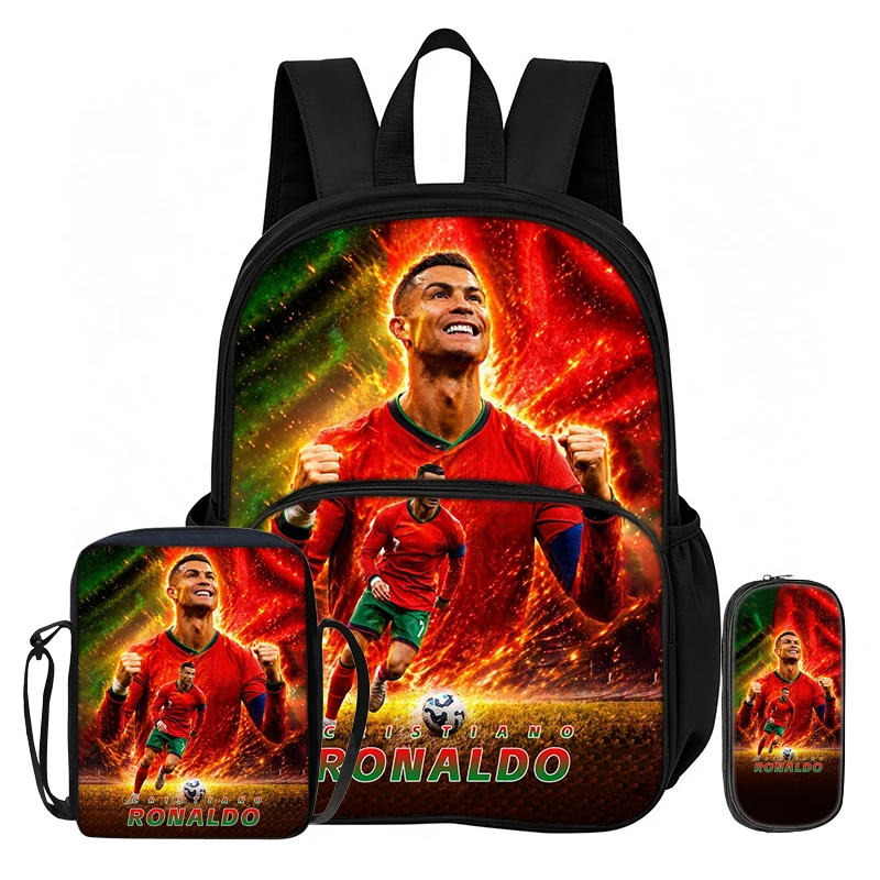 Ensemble de 3 sacs à dos avec poche avant Ronaldo Learn, sacs à bandoulière pour voyage et fans de football, trousse à crayons, sacs d'école et de sport