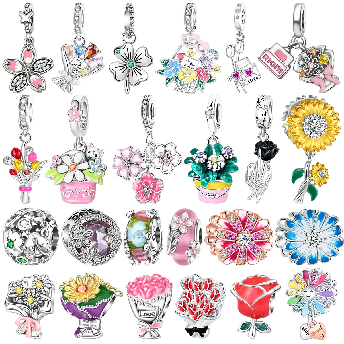 

925 Silver Diamond Flowers Rose Sunflower Petal Charms Bouquet Beads Pendant DIY Bracelet Necklace Valentine's Day Gift Jewelry