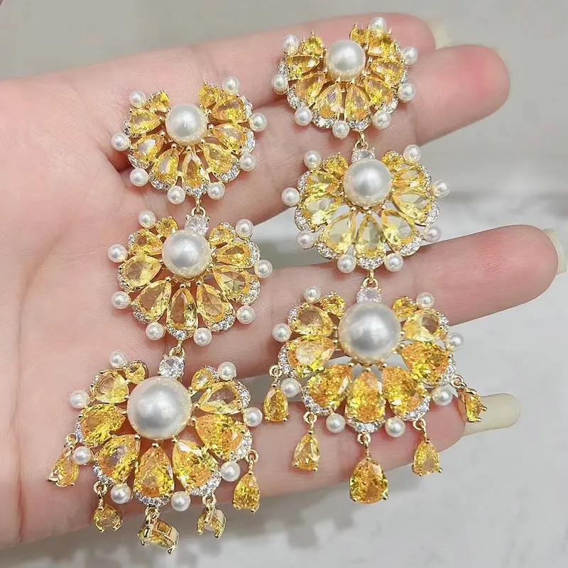 Bilincolor Yellow Cubic Zirconia Long Tassel Earring for Women