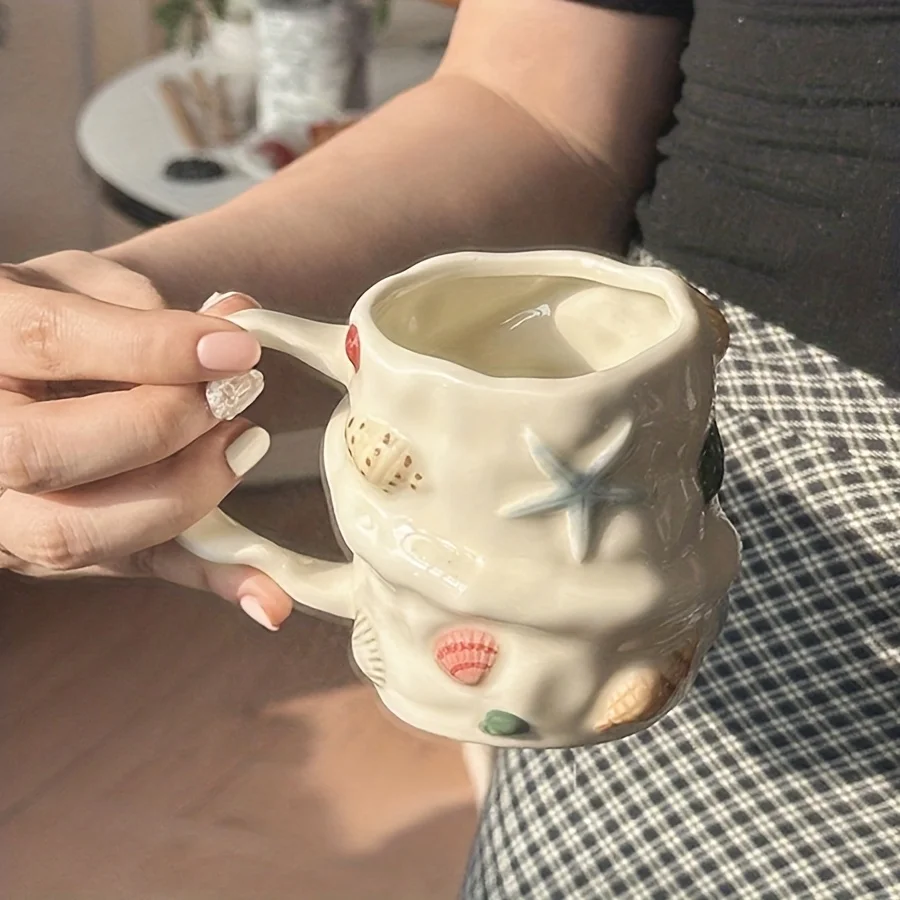 1/2 Stück 300ml/10oz Kreative Keramik-Kaffeetasse mit Muschelmuster, Handbemalte Keramik-Teetasse, Matcha-Tasse, Schöne Muster-Paartasse