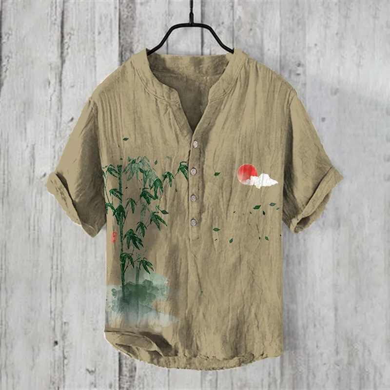 Pine Sunrise Art Linen Men\'s Short Sleeve Shirt Daily Outing Wear Summer Hawaiian Shirt Comfortable Breathable Men\'s Clothing