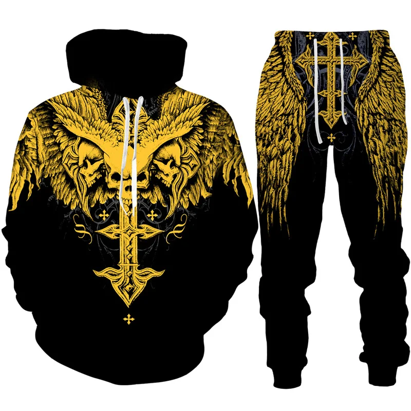 Gothic Skull Tattoo 3D Printed Hoodie/Tracksuit Fashion Men\'s Motorcycle Biker Sportswear Set Cool Graphic Hoodie+Pants 2pcs Set