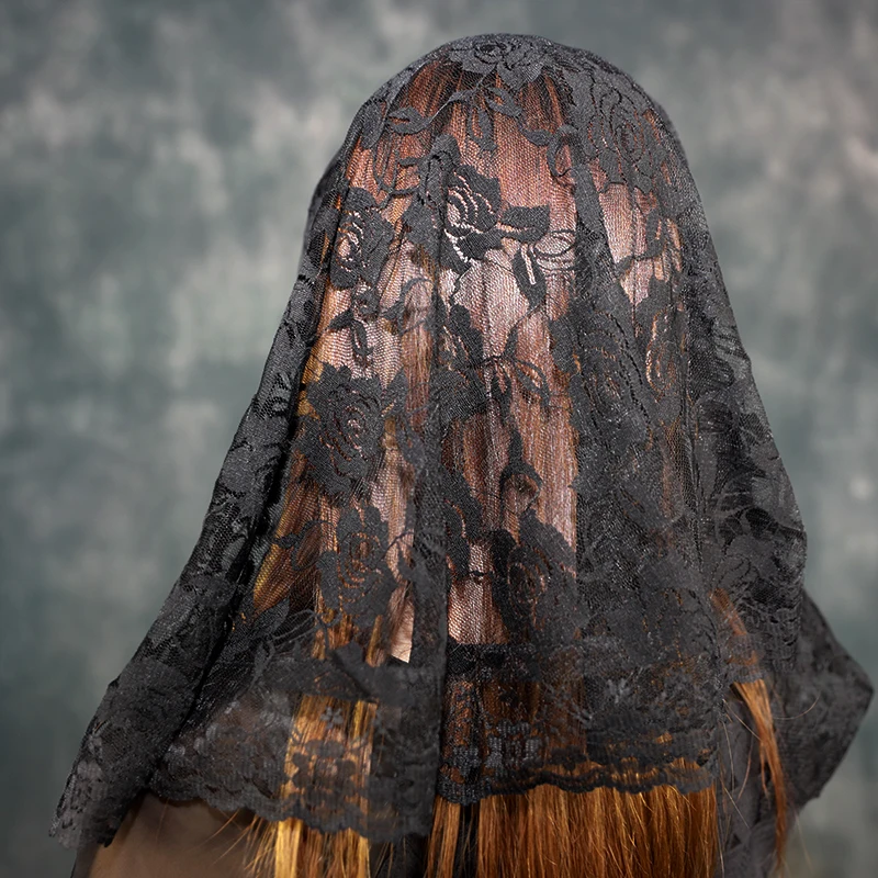 Mantilla de velo de encaje negro para Iglesia, cabeza de misa latina católica que cubre Vela Mantilla Negra Voile Dentelle Vela Negra Mantilla