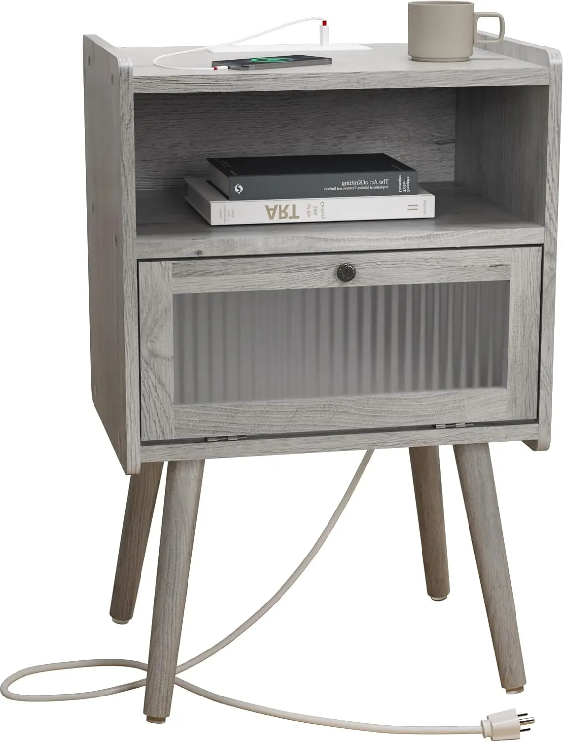 

Nightstand With Charging Station, Bedside Tables With Glass Door, End Table Side Table With 2 Tiers Storage S