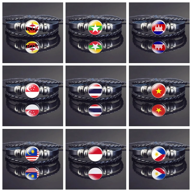 Southeast Asia Country Flag Leather Bracelet Singapore Thailand Malaysia Indonesia Flag Braided Bracelet