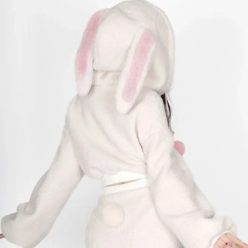 2025 New Fluffy Rabbit Ear Hoodie Coat Women+ Y2k E-Girl High Waist Bodycon Split Skirts Winter Thicked Warm Two Piece Sets