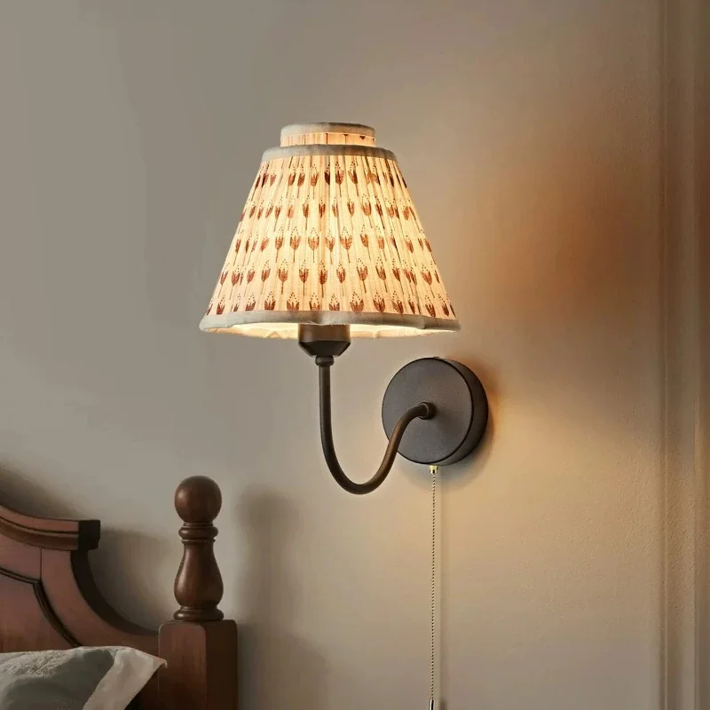 Vintage Fabric Wall Sconce Curved Metal Arm Pleated Shade Indoor Wall Lamp Bedroom Hallway Decor Lighting