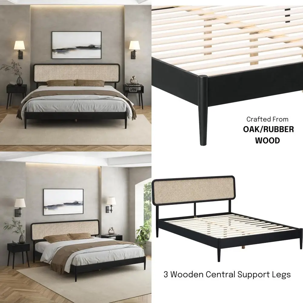 

Lupin Wooden Bed Frame with Headboard, Natural Rattan, Solid Oak Slat Base, 1000 Lb Weight Capacity, Easy Assembly