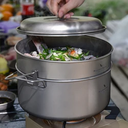 Boundless Voyage Titanium Steamer Soup Pot Set 3-5 Person Lightweight Outdoor Travel Camping Cookware Stockpot with Hanging Ring