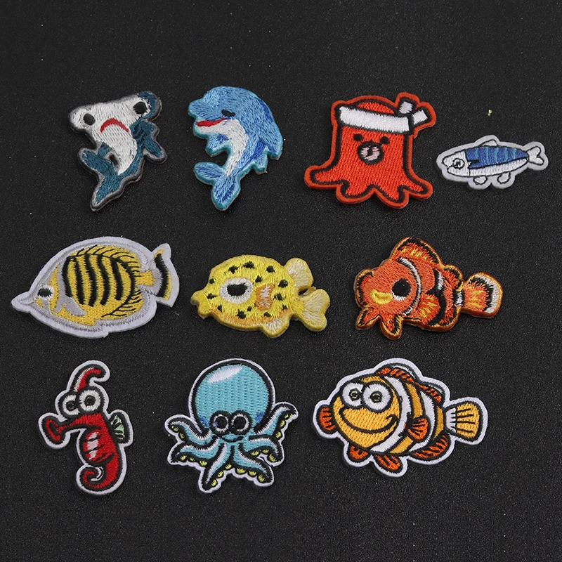 DIY Cartoon Badges for Clothing, Embroidery Patch Applique, Sewing Supplies, Decorative Patches for Clothing, Sea Fish