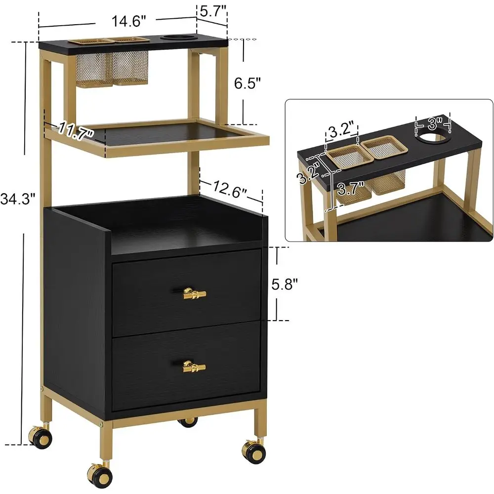 Rolling Sn Cart with Storage Ders, Barber Trolley with Metal Tool Holder & Basket, Beauty Sn Equipment or Hair Stylist 2084 (Bla