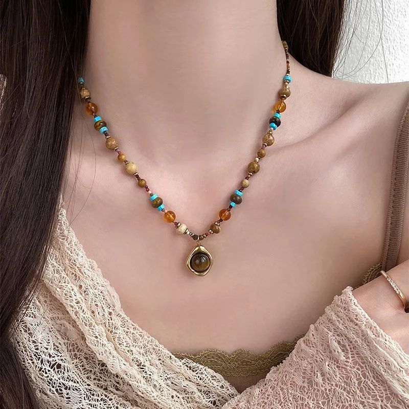 Minar Ethnic Contrast Color Natural Stone Tiger Eyes Glass Beads Beaded Necklace for Women 18K Gold Plated Titanium Steel Choker