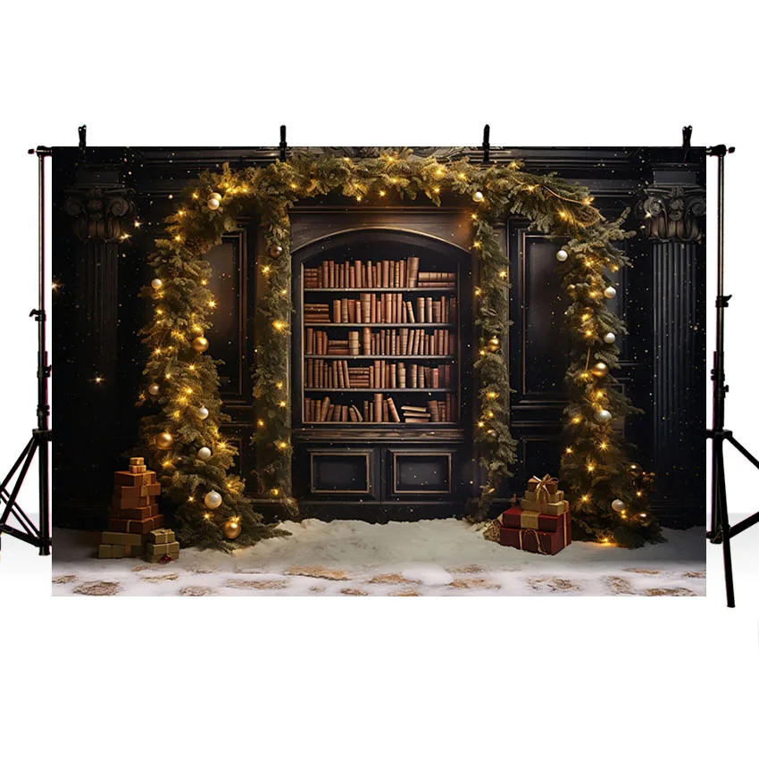 Mehofond Photography Background Winter Retro Christmas Bookcase Book Xmas Kids Family Party Portrait Decor Backdrop Photo Studio