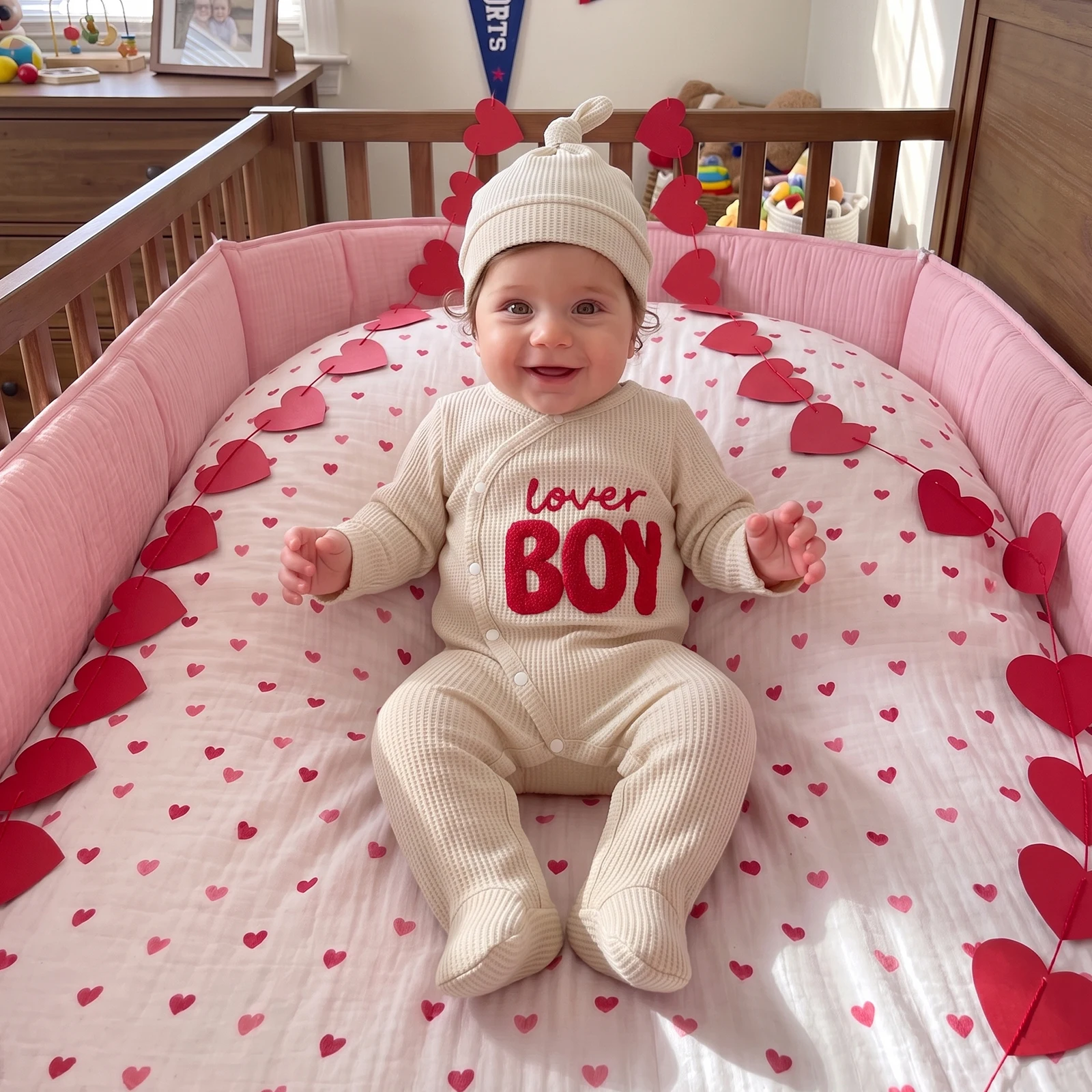 Baby Boy Valentine s Day Romper Embroidery Long Sleeve Bodysuit with Hat