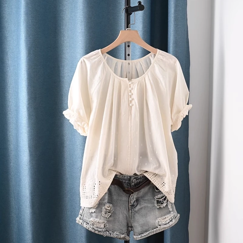 

Bust 132cm Women Summer Pure Cotton White Beige Hollow Out Peasant Blouse Boho TOP for Women Short Sleeve Tops