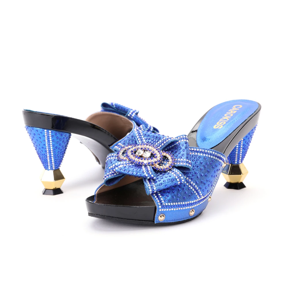 2022 New Fashion Designs Blue 3D Flower Rhinestone Ornament Chunky Sandal With Clutch Special-shaped Heels With Bag