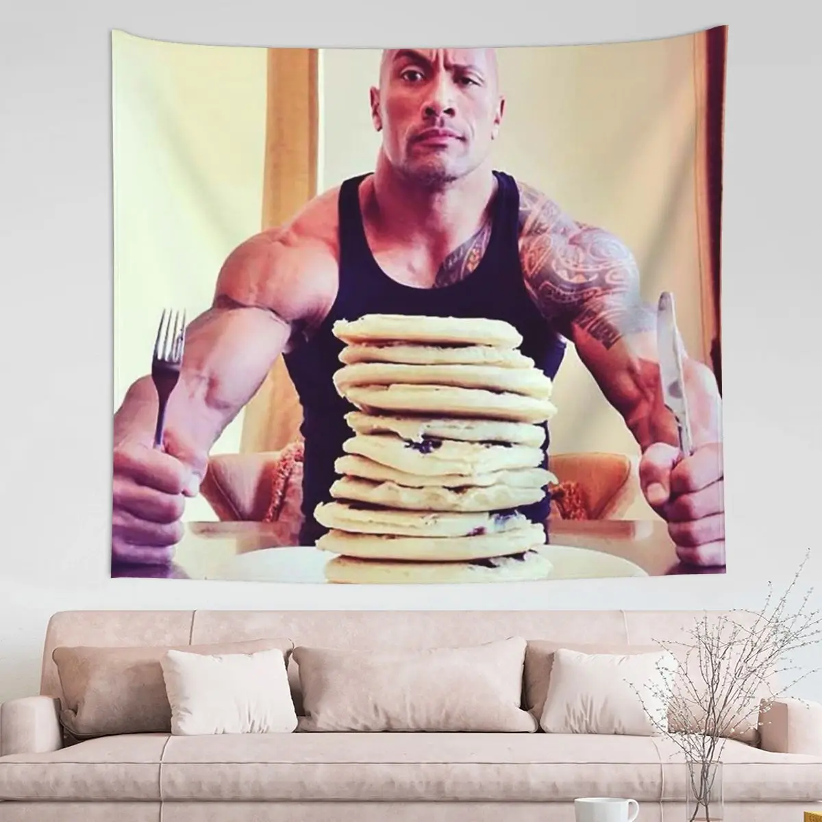 

Dwayne The Rock Johnson Eating Blueberry Pancakes Tapestry Wall Hanging Hippie Tapestry INS Throw Rug Blanket Room Decor 95x73cm