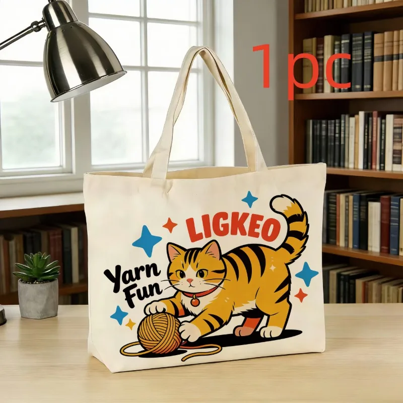 1pc Cat-Themed Single-Shoulder Canvas Bag, Daily Storage Bag, Large Capacity Tote