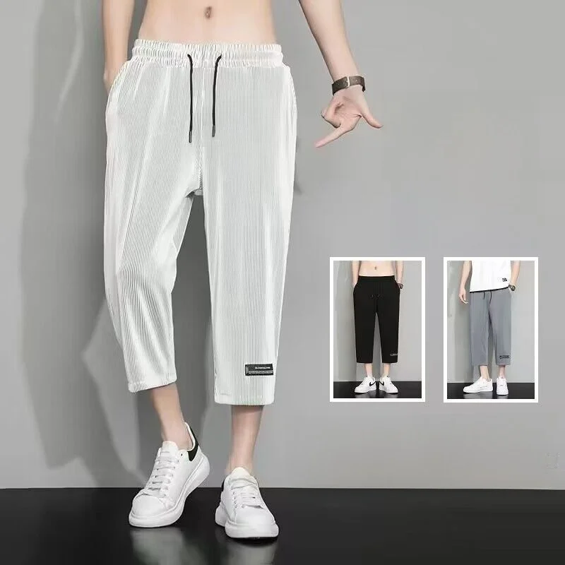 

Повседневные спортивные шорты из ледяного шелка для мужчин, летние, тонкие, свободные, эластичные, износостойкие, укороченные (7/8), молодежные, модные