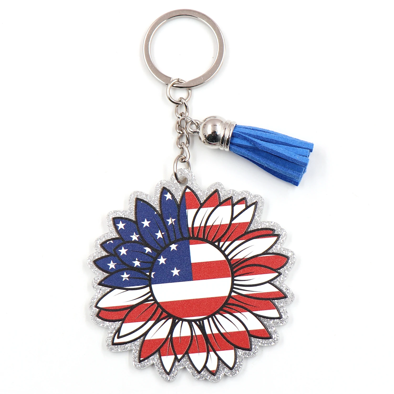 1piece New product CN 4th of July Independence Day sunflower American Flag TRENDY glitter Acrylic Keychain