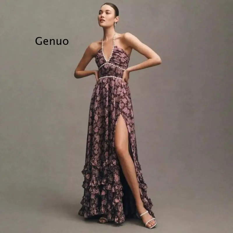 Vestido elegante de verano para mujer, vestido con cuello colgante de perlas y temperamento, estampado de flores bohemias, corte ajustado, vestido largo con abertura Sexy para vacaciones