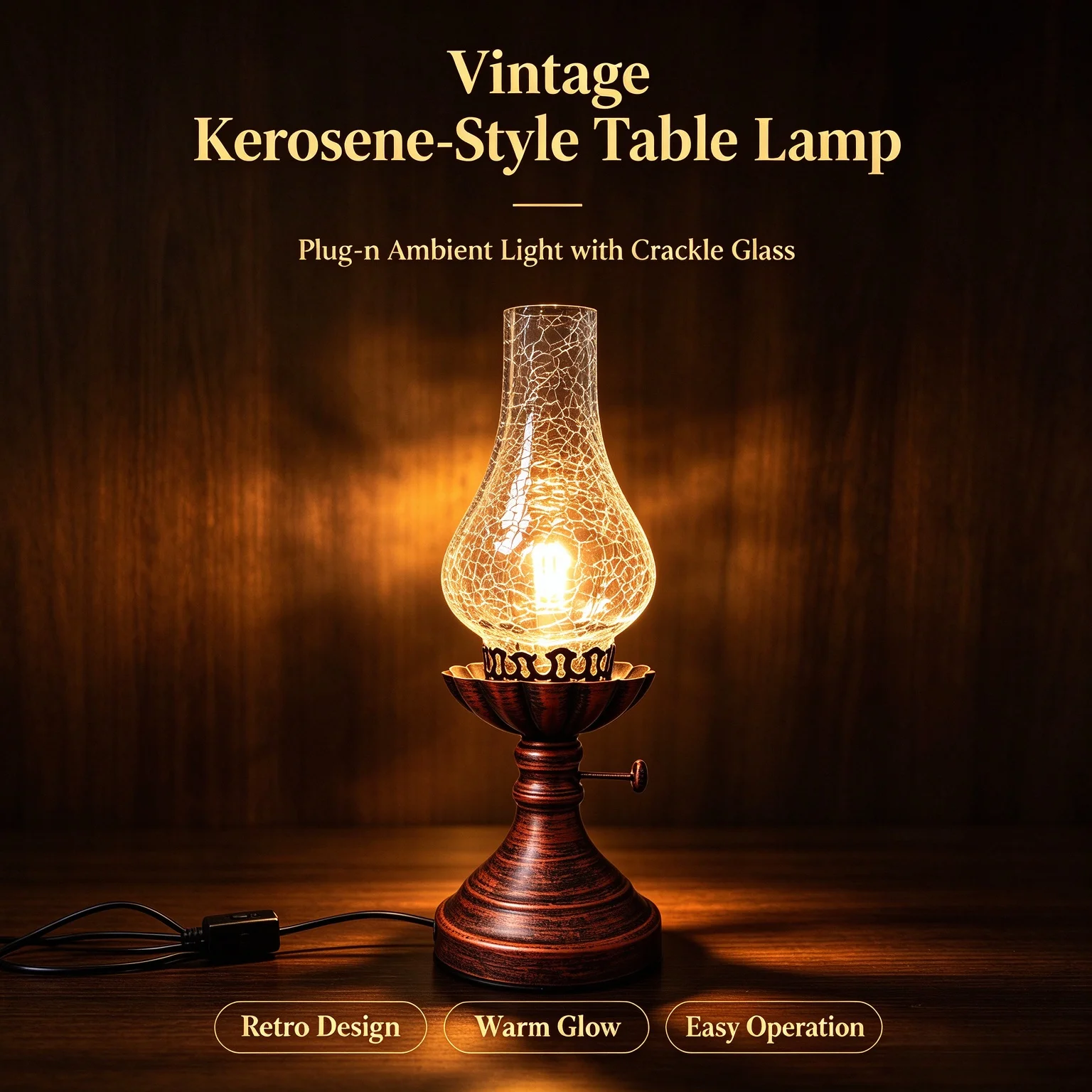 Vintage Kerosene‑Style Electric Table Lamp with Free Bulb, Crackle Glass Hurricane Lamp Retro Red‑Bronze Metal Base Plug‑in Farmhouse Accent Lamp for Bedroom Mantel Home Decor Housewarming Gift