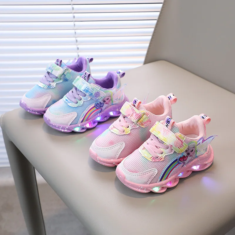 Disney-Tênis infantis respiráveis, roxo, rosa, luzes de led, casual, menina, princesa, nova rede, 2021