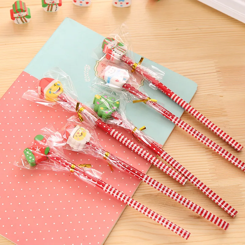 Christmas Cartoon Santa Snowman HB Pencil With Eraser Random Color Creative Stationery Children School Supplies Holiday Gift