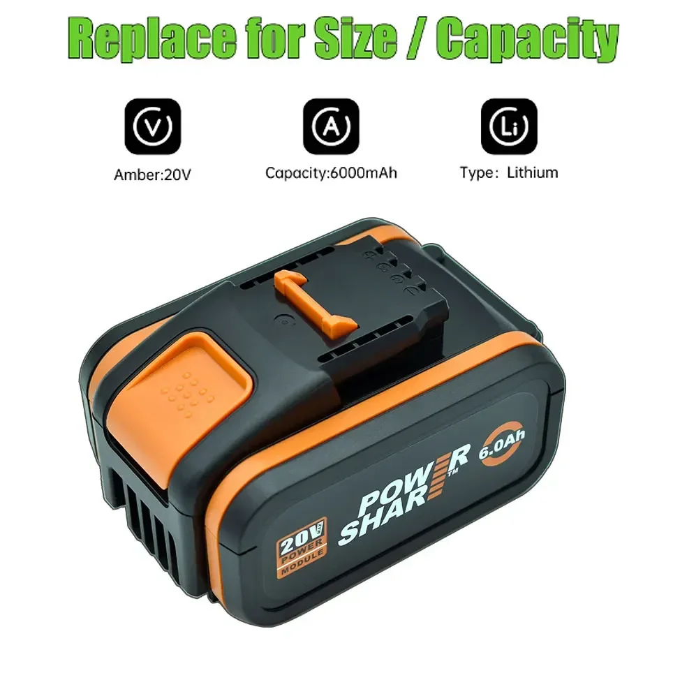 For WORX 20V battery 6.0Ah Lithium Rechargeable WA3553 WA3551 WA3553.1 WA3570 for All WORX Electric and Garden Tools