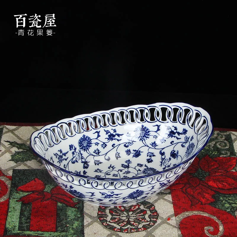 Blue and White Porcelain Fruit Plate Living Room Creative Home Fruit Basket Dried Fruit Chinese Retro Chinese Style Fruit Pot