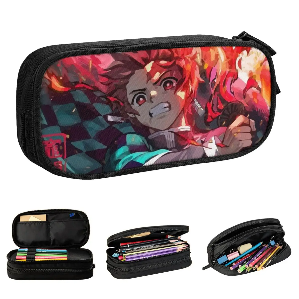 Cute Demon Slayer Tanjiro Fire Breathing Pencil Cases Pencilcases Pen Kids Large Storage Bags Office Gift Stationery