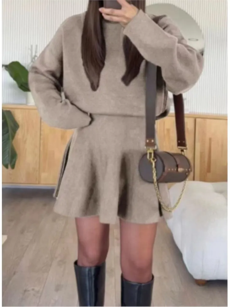 خريف شتاء جديد محبوك نصف الياقة السلحفاة بأكمام طويلة بلوزات + تنورة 2 قطعة مجموعة عطلة غير رسمية المرأة بدلة تنورة سوينغ كبيرة #6